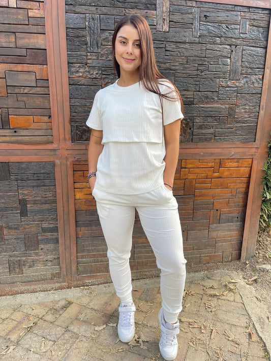 Deportivo Jogger En Rib Manga Corta Crema