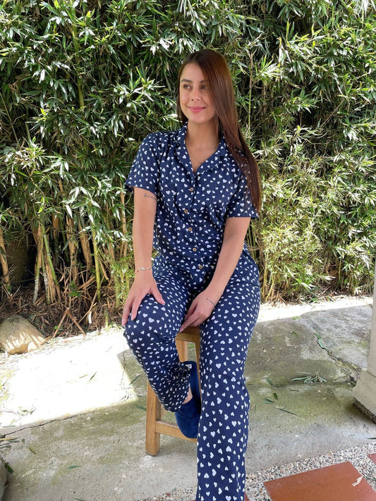 Pijama Camisa Botón Estampado Corazón