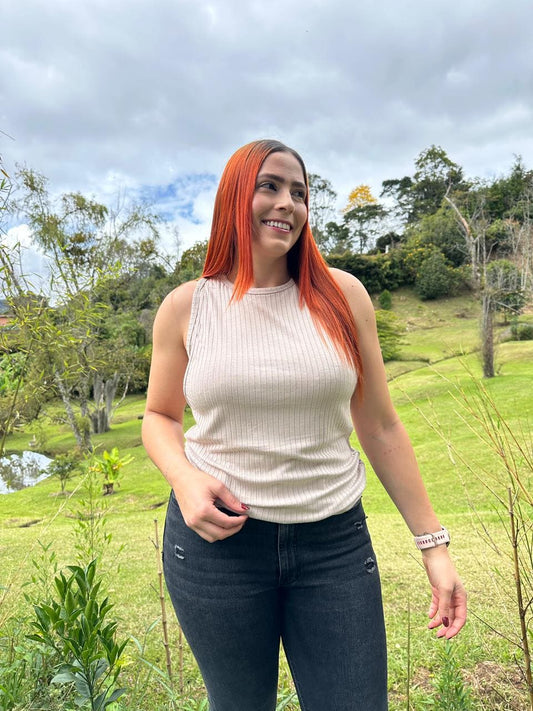 Blusa Manga Sisa En Rib Beige
