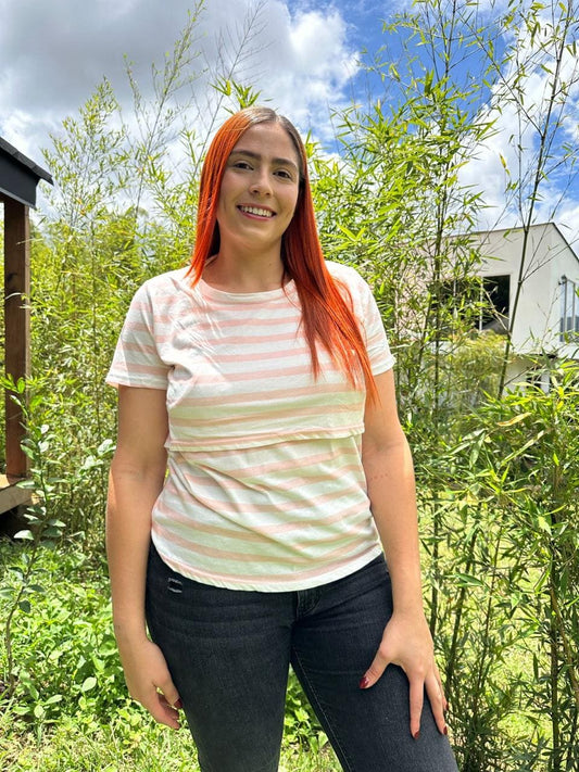 Blusa Manga Corta Lineas Rosa