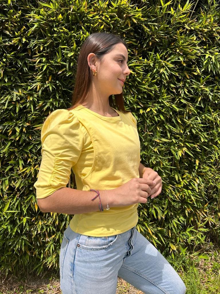 Blusa Manga 3/4 Con Recogido Amarillo